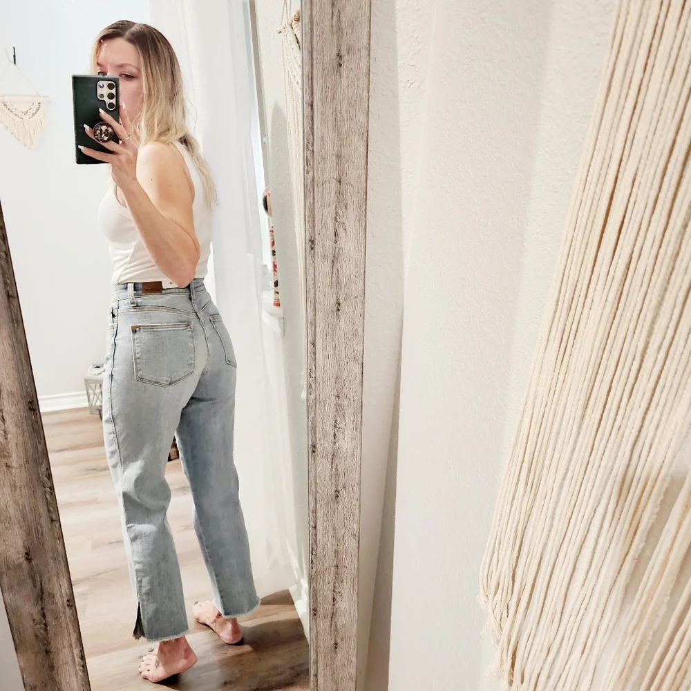 SOLD | Judy Blue Raw Hem Straight Leg Split Ankle Jeans Size 0(24) Rare Find - Picture 10 of 14